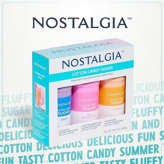 Nostalgia Cotton Candy Flossing Sugar (3-Pack), Grape, Pink Bubble Gum, Orange - Three 16-oz Bottles of Cotton Candy Sugar Mix - 96 Small to Medium Cone Servings