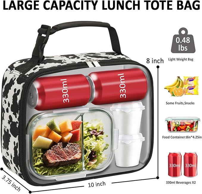 Lunch Box Kids Insulated Lunch Bag for Boys Girls Cute Reusable Lunch Tote Bag Waterproof Portable Thermal Lunch Box Kids for School Picnic Travel Cow Print
