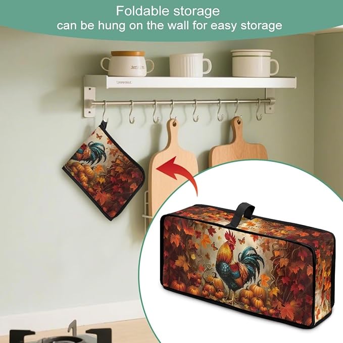 Thanksgiving Toaster Cover 2 Slice Maple Leaf Rooster Cover for 2 Slice Slim Toaster, Water-Resistant Dust Covers for Kitchen Appliances, Machine Washable