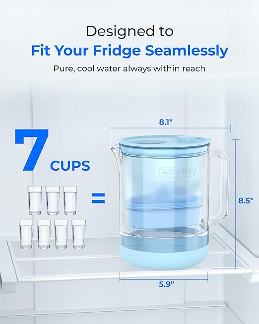 Waterdrop PT-72B-A Glass Alkaline Water Filter Pitcher, 7-Cup, Eco-Friendly, Enhances Alkaline Water, for Home & Office, Reduces PFOA/PFOS, Chlorine, Cadmium, Copper & Mercury, Blue