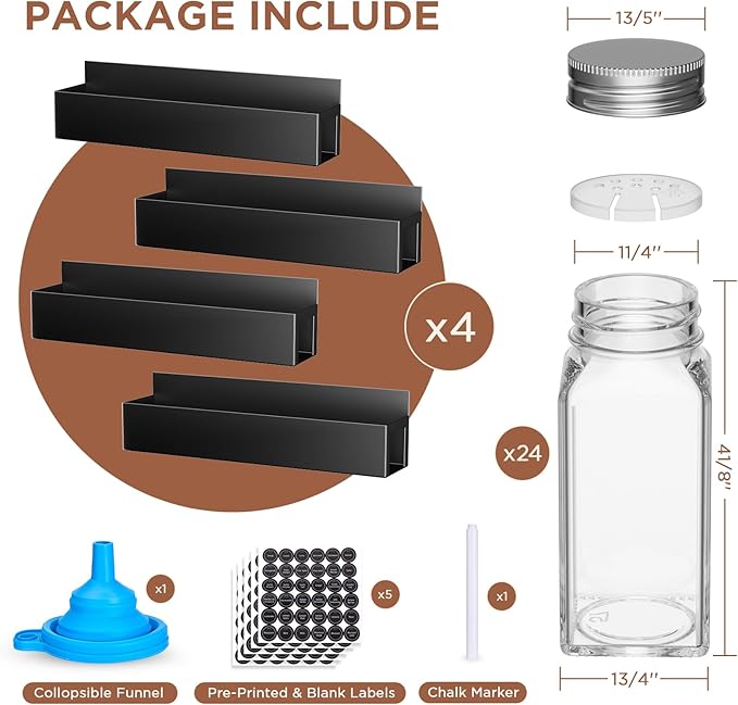 Agotglmi 4 Pack Magnetic Spice Rack with 24 Spice Jars, Spice Labels, Chalk Marker and Funnel Set, Magnetic Spice Organizer Shelf for Refrigerator, Microwave, Seasoning Organizer for Kitchen