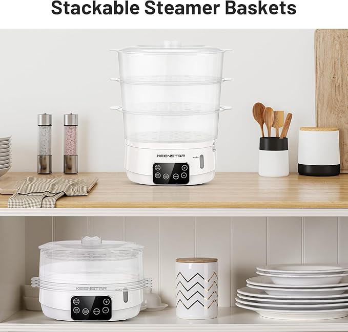 Electric Food Steamer, 13.7QT Vegetable Steamer with 3 Tiers BPA-Free Baskets, Digital Steamer with Appointment and Timer, 800W Simultaneous Cooking, Ideal for Veggies Seafood Rice White