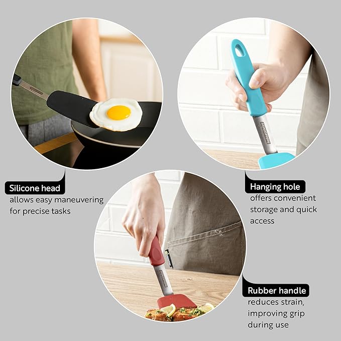 Restaurantware Comfy Grip 11.9 x 3 Inch Silicone Turner 1 Durable Cooking Turner - Stainless Steel Body Rubber Handle With Hole Red Silicone Flipper Spatula Tolerates Up To 446F Dishwashable