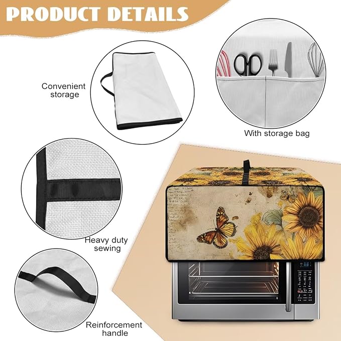 Convection Toaster Oven Cover with Pockets, Easy to Clean, Smart Microwave Baking Oven Dust Cover for Countertop, M, 16.5 x 20.5 x 10 inches, Retro Sunflower Butterfly