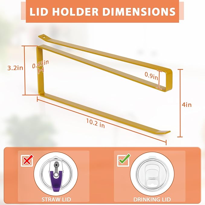 Tumbler Lid Organizer, Horizontal Tumbler Lid Storage Hook Up to 10 Lids, Space Saving Cup Lid Holders Under Cabinet Tumbler Lid Hook for Kitchen Organizer and Storage, Paper Towel Rack Hanger (Gold)