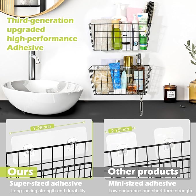 ZUSHALLMY 2 Pack Hanging Kitchen Baskets, Adhesive Wire Wall Storage Basket, No Drilling Hanging Fruit Baskets, Cabinet Door Organizer for Kitchen Bathroom Pantry, Upgrade Super-sized Adhesive
