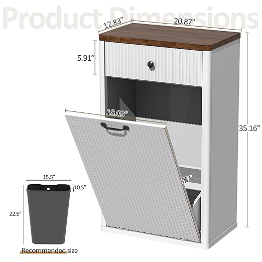 Spurgehom 13 Gallons Tilt Out Trash Can Cabinet Freestanding Kitchen Trash Can Modern Hidden Garbage Recycling Cabinets with Hideaway Drawer Pet Proof Trash Can Holder for Kitchen, White