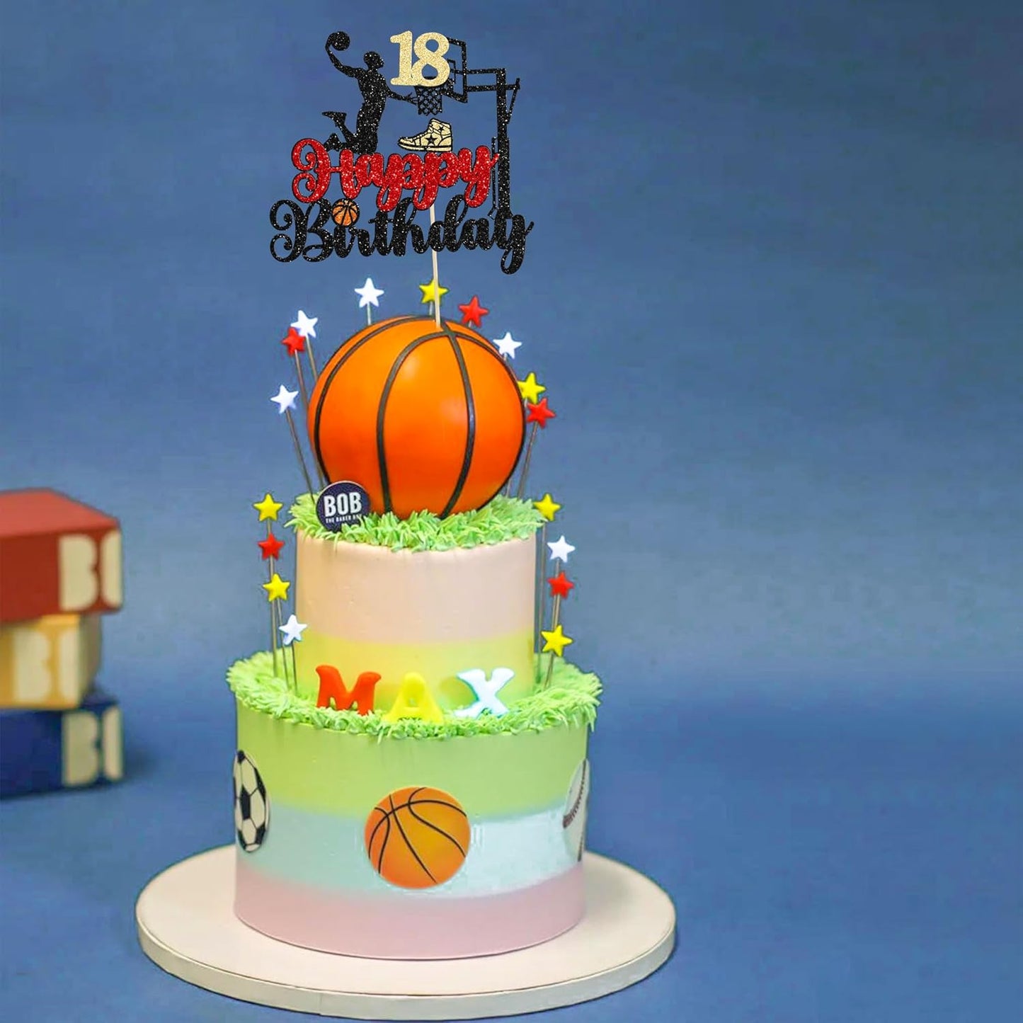 Ephlyn Basketball Happy 18th Birthday Cake Topper, 1Pc, Cake Pick for 18th Birthday Decoration, Sports Party Supplies, Black