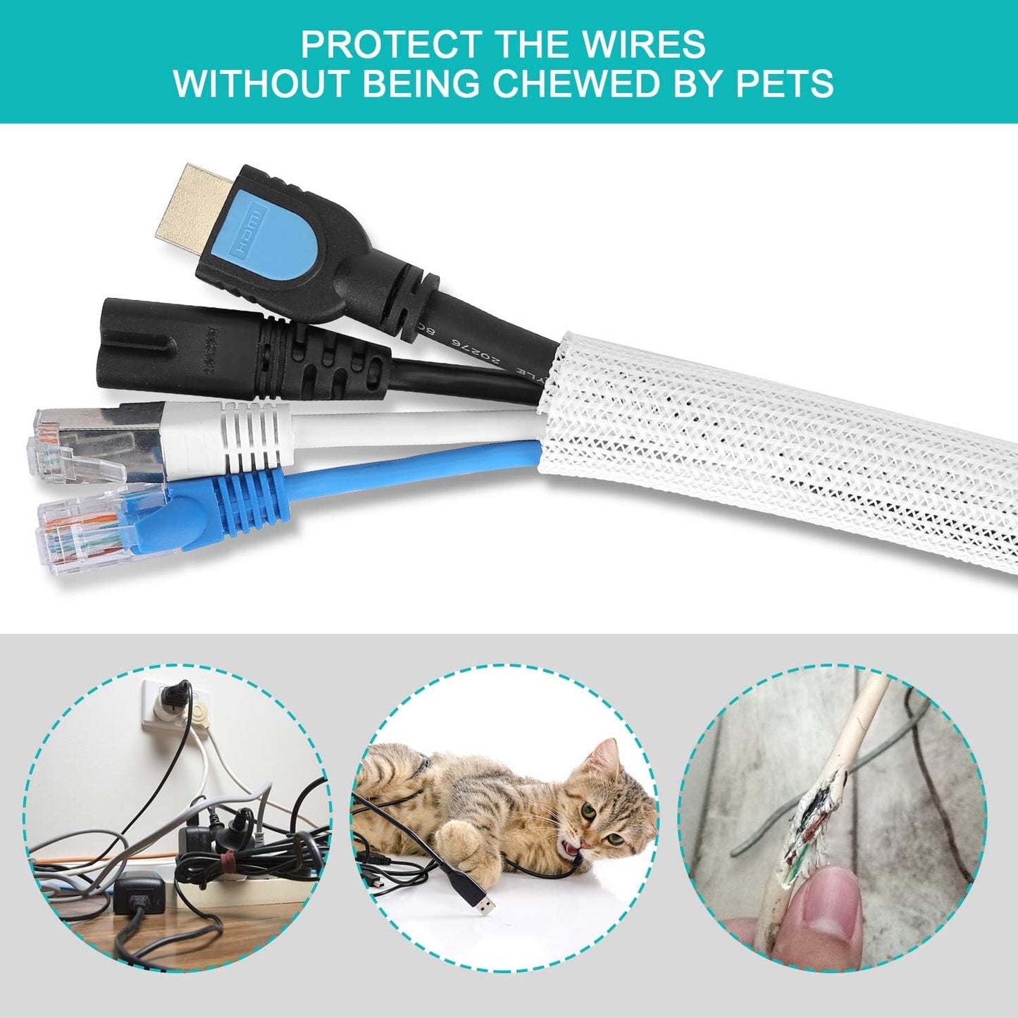 6.6ft - 1 inch White Cable Sleeve, Cable Organizer for Desk PC TV Computer, Wire Protector Cable Wrap Cover, Cord Management for Home Office