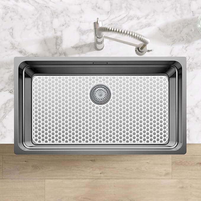 Bestjing Silicone Sink Protectors for Kitchen Sink with Rear Drain - 28.3"x 15.7" Non-Slip Heat Resistant Mat for Bottom of Farmhouse Stainless Steel Porcelain (White)