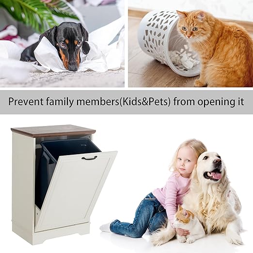 13 Gallons Tilt Out Trash Cabinet, Hidden Trash Can Cabinet Wooden Tilt Out Pet Proof Hidden Trash Bin Cabinet for Kitchen Living Room (White)
