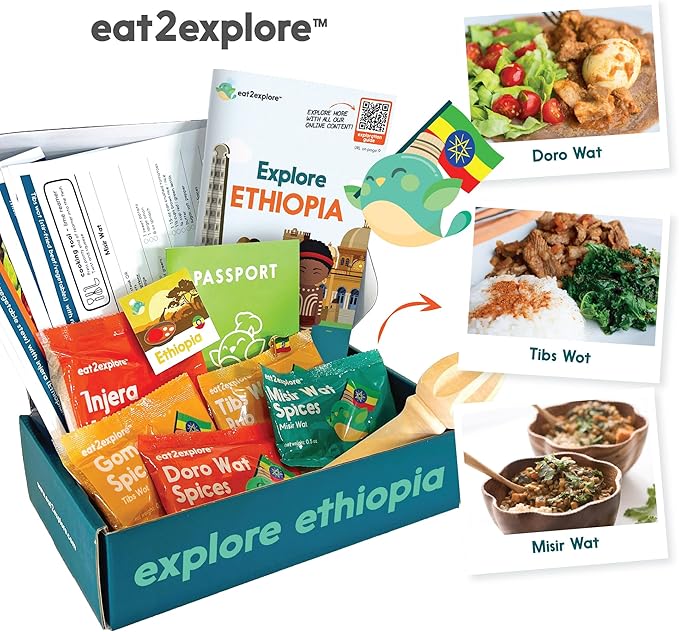 eat2explore Cooking Kits for Kids 14 Pcs – Interactive & Educational Kids Cooking Sets Real for Ages 5 and Up,3 Recipe Cards & Global Ingredients – Perfect for Families and Homeschooling (Ethiopia)