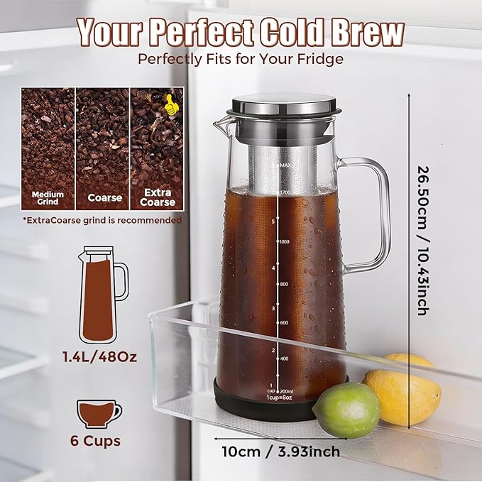 Cold Brew Coffee Maker 1.4L/48oz with Extended Filter & 2 Pcs Stainless Steel Espresso Cup (Black), Coffee Brewing Set with Cleaning Brush, Stirring Spoon & 3.4oz/100ml Dual Scale Measuring Cup