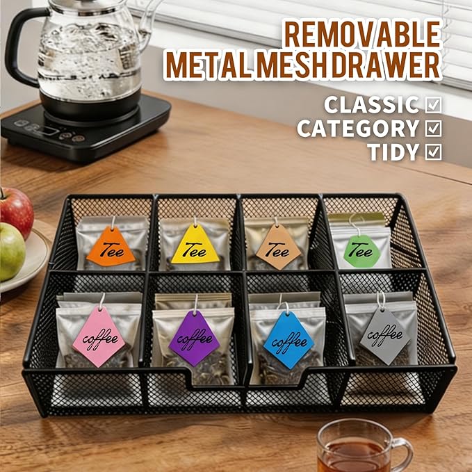 Tea Bag Organizer With Adjustable Drawer, Teabag Bar Holder Organizer For Counter, Wood ＆ Metal Station Storage Chest Display, Coffee Packet Containers Box For Countertop Kitchen Office Black