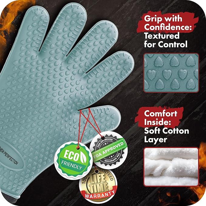 KITCHEN PERFECTION XL Silicone Smoker Oven Gloves-Extreme Heat Resistant BBQ Gloves-Handle Hot Food Right on Your Grill Fryer&Pit|Waterproof Grilling Cooking Baking Mitts|Superior Value Set+3 Bonuses