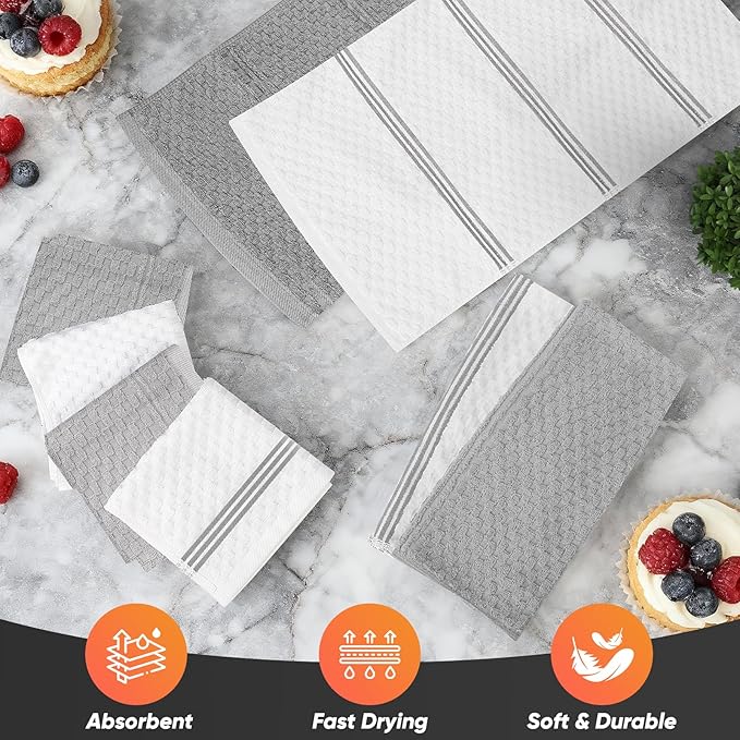 Oven Mitts Kitchen Towels and Dishcloths with Pot Holders Sets, Oven Gloves Hot Pads 500°F Heat Resistant with Silicone Grip, Include 2 Cooking Gloves/2 Potholders/4 Kitchen Towels/4 Dish Towels-Gray