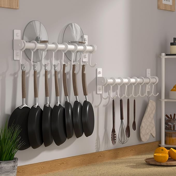 Dseap Kitchen Utensil Holder Hanger, Pot and Pan Rack Wall Mount, Kitchen Rail with 8 Hooks for Hanging Cooking Utensils, Mugs, Spoons, Wall Mounted, Stainless Steel, White