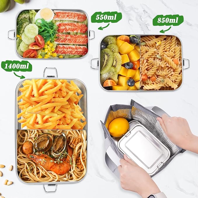 304 Stainless Steel Bento Box 4 Pack,1400/850/550ml Stainless Steel Lunch Box with Spoon, Fork, Lunch Bag, Leak Proof Stackable Food Containers with Lids for Adults Office Camping Picnic Travel