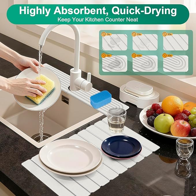 Stone Drying Mat for Kitchen Counter, 24"x16" Water Absorbing Dish Drying Mat with 24"x4" Faucet Mat for Kitchen Sink, Diatomaceous Earth Quick Dry Stone Mats for Dishes Bottles Cups (Off White)