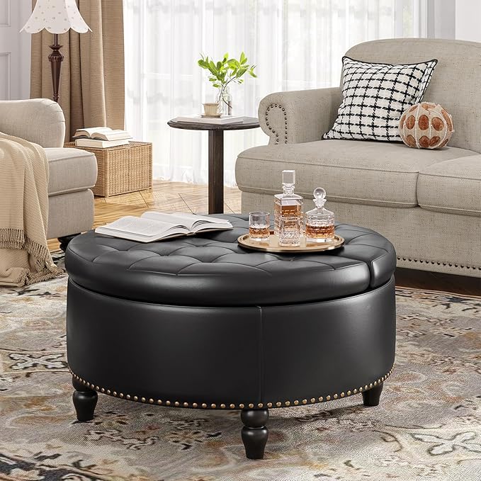 30 Inch Large Round Ottoman with Storage, Modern Leather Ottoman Coffee Table with Lift Top, Upholstered Button Tufted Footrest Stool Toy Blanket Storage for Living Room, Black