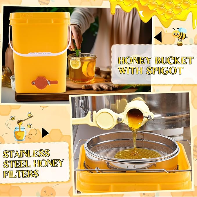 Threehoney 5 Gallon Honey Bucket with Spigot and Stainless Steel Filters Set Honey Extractor Equipment Food-Grade Bucket with Spigot for Bee Keeping Supplies Extracting Storage(Yellow,5 Gallon)
