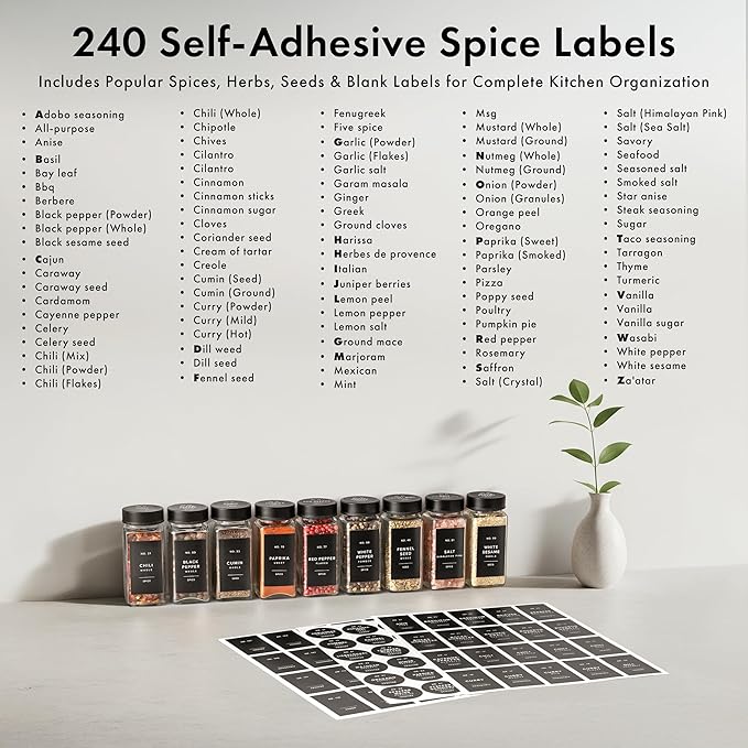 EDELHAUS Glass Spice Jars with Label and Black Lids (24 x 4oz) Spice Containers with 240 Labels, Shaker Inserts, Steel Funnel, Empty Square Empty Square Seasoning Organizer