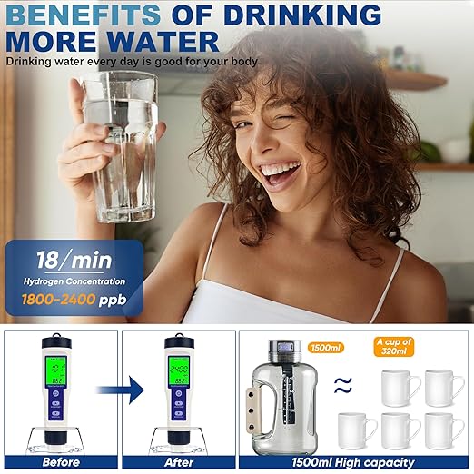 Hydrogen Water Bottle, 50.7oz/1.5L Large Hydrogen Water Bottle Generator, 1.5L Ion Water Bottle Improve Water Quality in 3 Minutes, Water Ionizer Machine Suitable for Travel and fitness Drinking(Grey)