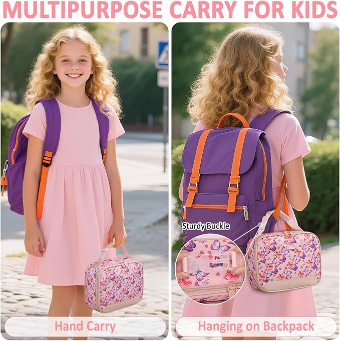 Lunch Box Kids Insulated Lunch Bag for Boys Girls Cute Reusable Lunch Tote Bag Waterproof Portable Thermal Lunch Box Kids for School Picnic Travel Pink Butterfly