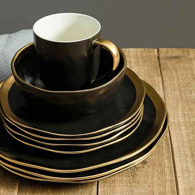 Stone Lain Florian Modern Porcelain 16 Piece Dinnerware Set, Plates and Bowls Set, Dish set for 4, Black And Golden Rim
