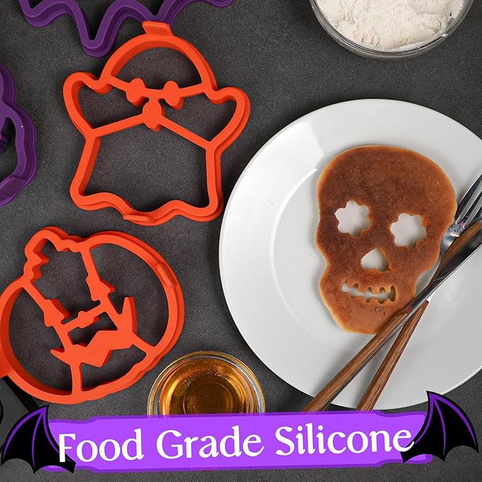 Kamehame Halloween Silicone Pancake Molds for Skull, Ghost, Bat and Pumpkin Shape Pancakes, 4 Pack Nonstick Pancake Shaper for kids, Fun Halloween Cake Ring Mold for Griddle Cooking