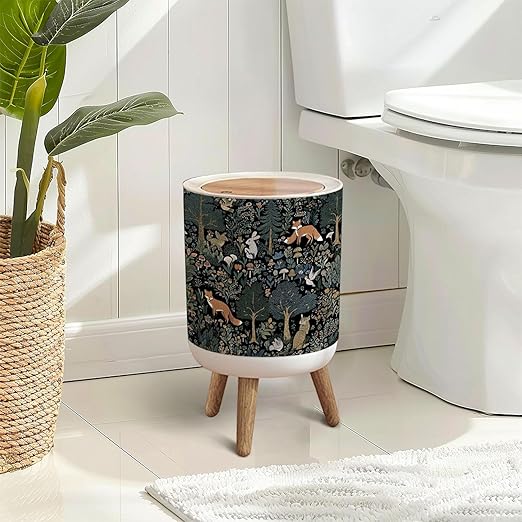 Trash Can with Lid Foxes Rabbits Forest Mushrooms Birds Press Top Round Small Garbage Bin with Wooden Legs Waste Basket for Kitchen Bedroom Nursery 7L/1.8 Gallon