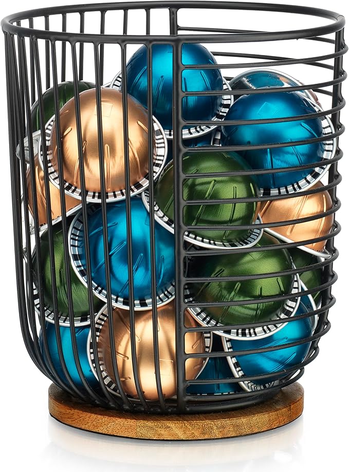 MosJos Coffee Pod Holder -Black Wire K Cup Storage with Wooden Base - Large Capacity Slim Design - Modern Coffee Basket Decor for Kitchen Countertop for Keurig Kcups & Espresso Capsules