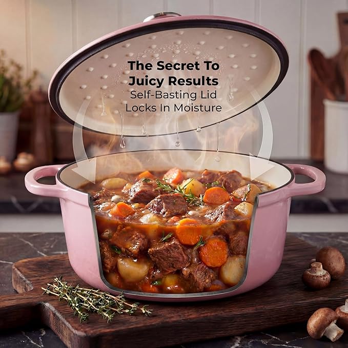 Zulay Kitchen 5 Quart Enameled Cast Iron Dutch Oven Pot with Lid – Premium Durability & Oven Safe up to 500°F – Heavy Duty Cookware Perfect for Bread Baking, Stews, Braising & Roasting – Pink