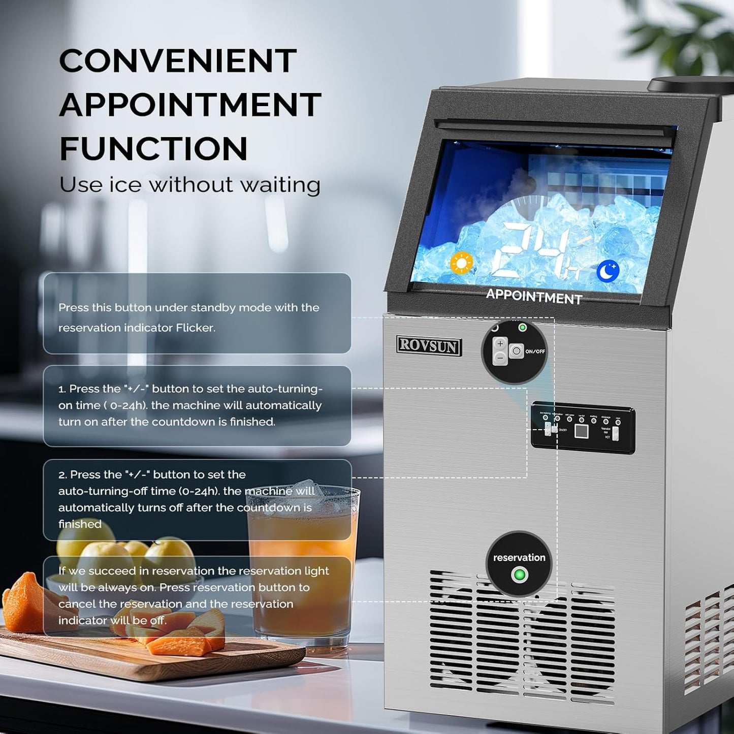 ROVSUN Stainless Steel Commercial Ice Maker Machine, Make 110lbs/24h, 24lbs Storage,Under Counter/Freestanding Automatic Ice Machine for Home Restaurant Bar Cafe