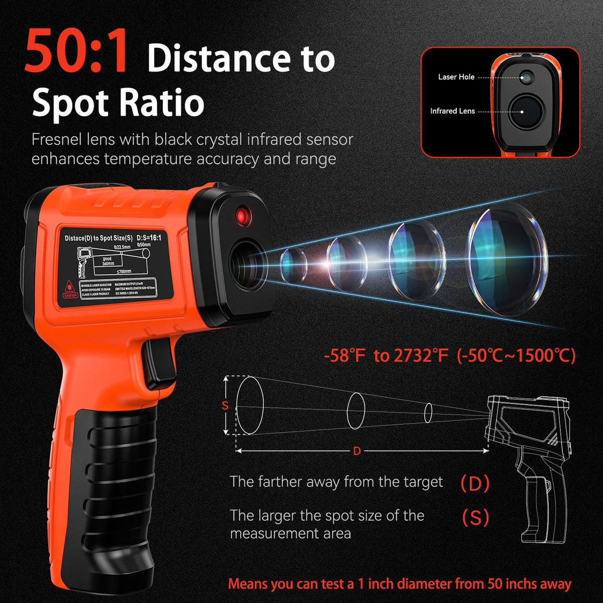 '-58°F to 2732°F Infrared Thermometer IR Laser Gun 50:1, Digital Temperature Gun/K-Type Probe -4°F~932°F, Humidity Sensor, High-Temp Pyrometer for Kiln, Forge, Furnace, Industrial Use