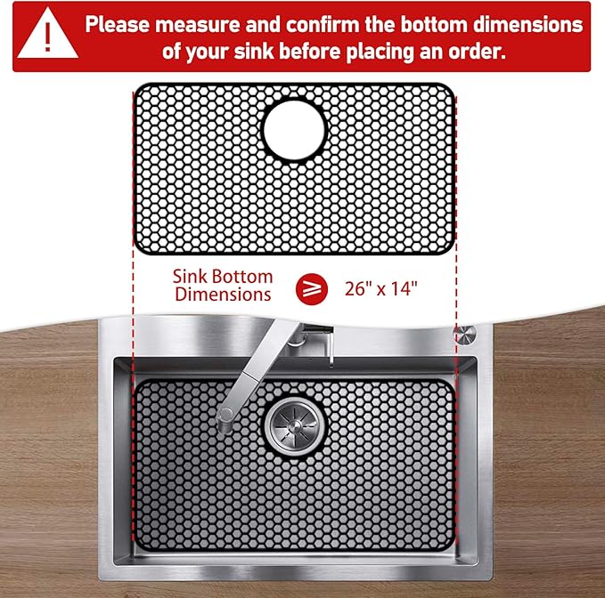 Bestjing Silicone Sink Protectors for Kitchen Sink with Rear Drain - 26"x 14" Kitchen Protector Accessory, Non-Slip Heat Resistant Grid Mat for Bottom of Farmhous Stainless Steel (Rear Hole, Black)