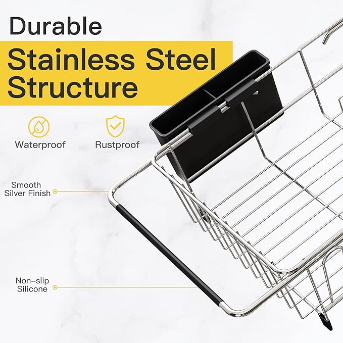 JASIWAY Dish Drying Rack in Sink, Expandable Stainless Steel Dish Drainers with Drainboard for Kitchen Counter, Space Saving Dish Dryer Rack, Over The Sink Dish Racks with Utensil Holder, Sliver