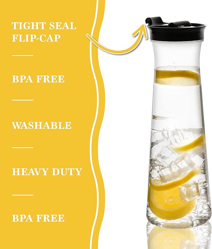 Clear Plastic Water Pitchers Carafes with Flip top Black Lids 34 OZ Heavy Duty Beverage Pitcher Jug for Juice or iced Coffee Great for Mimosa bar Restuarants ot Schools Pack of 4