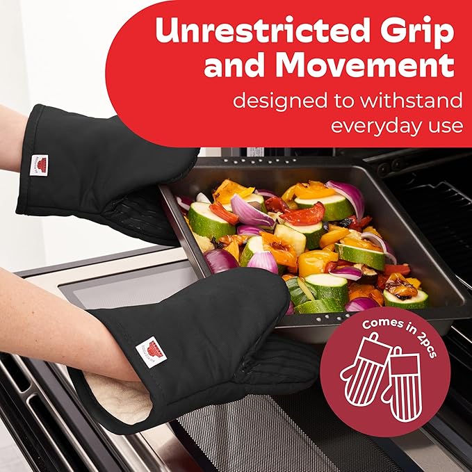 Big Red House - Silicone Mini Oven Mitts - Black Set of 2 - Heat Resistant to 536 F / 280 C Kitchen Gloves Professional Grade Pot Holders for Cooking Baking