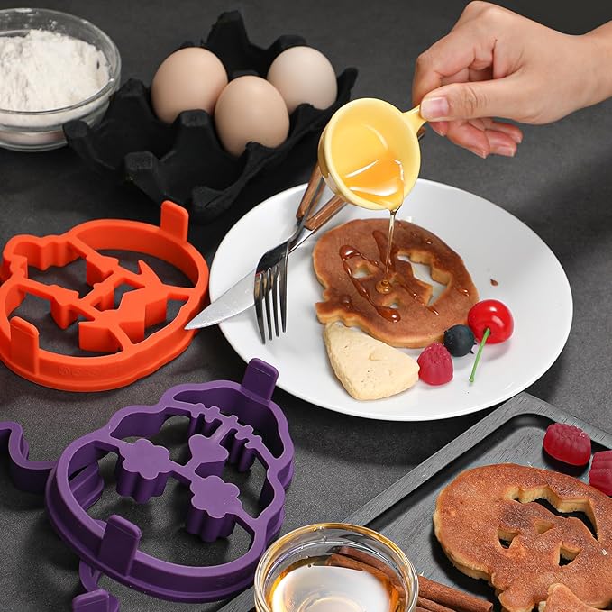 Kamehame Halloween Silicone Pancake Molds for Skull, Ghost, Bat and Pumpkin Shape Pancakes, 4 Pack Nonstick Pancake Shaper for kids, Fun Halloween Cake Ring Mold for Griddle Cooking