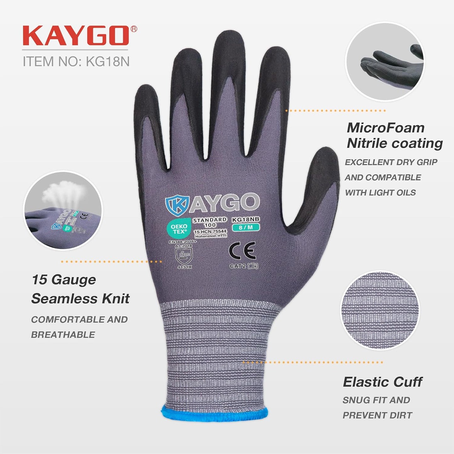 KAYGO Safety Work Gloves MicroFoam Nitrile Coated, 12 Pairs KG18NB,Seamless Knit Nylon Glove for Men and Women, Ideal for Automotive,Warehouse,Construction (Large,Gray)