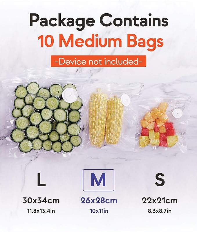 Reusable Vacuum Sealer Bags for Food – 10 Medium Vacuum Bags (26x28cm/10x11in), BPA-Free, Leak-Proof, Odor-Resistant – Compatible with Vacuum Sealers