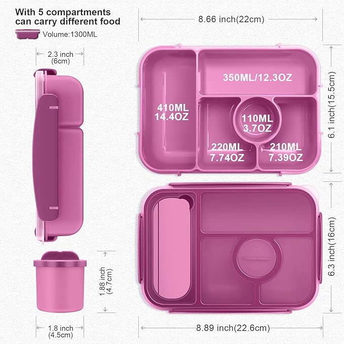Amathley Bento Box Adult Lunch Box Kids,Lunch Containers for Adults/Kids/Toddler,5 Compartments Bento Lunch Box with Sauce Vontainers,Microwave & Dishwasher & Freezer Safe,BPA-Free (Purple)
