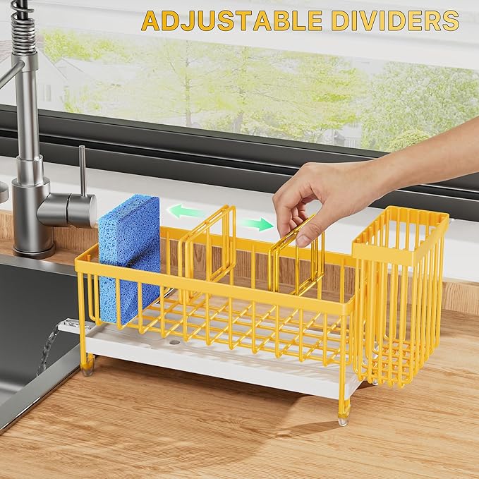Cisily Sponge Holder for Kitchen Sink, Sink Caddy Organizer with High Brush Holder, Kitchen Countertop Organizers, 304 Stainless Steel, Lemon Yellow Kitchen Decor and Accessories