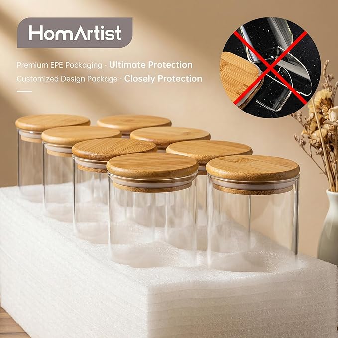 HomArtist Glass Jars with Bamboo Lids 53 FL OZ [Set of 4], Glass Canisters with Airtight Lids, Glass Food Storage Containers for Pasta, Oats, Coffee, Flour, Sugar, Rice, Best for Kitchen & Pantry
