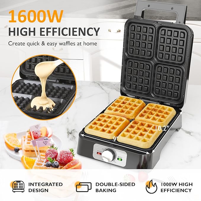 Sunvivi 4 Slices Waffle Maker: Electric Waffle Iron with Adjustable Temperature Control, Nonstick Waffle Machine with Indicator Light, Easy to Clean, Ideal for Kids and Families, Silver