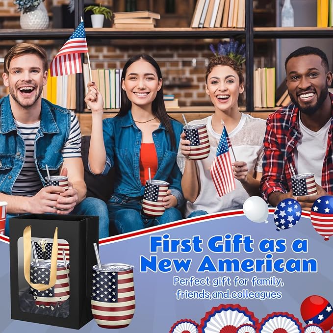 Patelai 30 Pcs 2026 American Flag Pattern Cups Gift Set for Men Women 12oz Stainless Steel Tumbler Mug Cups with Lid and Straw Pens and Card Set with Gift Bags for 4th of July 250th Memorial Day