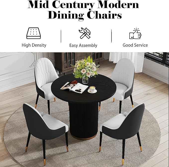 AF ARTISAN FURNITURE Black White Dining Chairs Set of 2 with High Backs Mid Century Modern Kitchen Dining Room Chairs PU Faux Leather Upholstered Large Padded Accent Chair with Legs