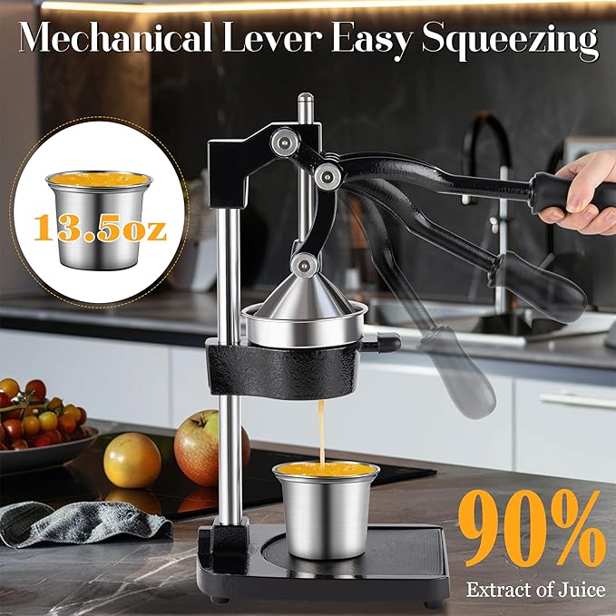 Cast Iron Manual Juicer Hand Press, Lemon Squeezer, Commercial-Grade Citrus Press Suitable for Oranges, Lemons, Limes, and Pomegranates Easy to Clean Includes Stainless Steel Cup, Black