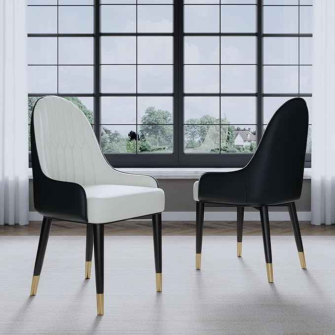 AF ARTISAN FURNITURE Black White Dining Chairs Set of 2 with High Backs Mid Century Modern Kitchen Dining Room Chairs PU Faux Leather Upholstered Large Padded Accent Chair with Legs